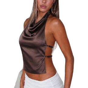 Women's Satin Halter Top Sexy Backless Sleeveless Cowl Neck Going Out Crop Tops in Saudi Arabia