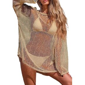 Famnbro Women Swimsuit Cover Up Crochet Sparkly Sheer Summer Bathing Suit Side Slits Kaftan Sequins Dress Beach Outfits in Saudi Arabia
