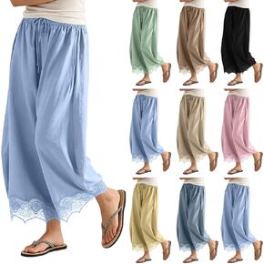 Women's Cropped Lace Hem Pants Drawstring Elastic Waist Wide Leg Capris Boho Casual Trousers with Side Pockets in Saudi Arabia