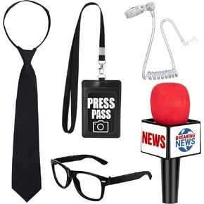 Journalist News Reporter Costume Accessories for Adult/Kids,News Reporter Set with Fake News Microphone Prop Press Pass Glasses Tie for Halloween Cosplay Black in Saudi Arabia