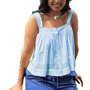 Women Lace Trim Vest Tank Top Y2k Eyelet Loose Button Down Camisole Boho Peplum Tie Front Sleeveless Crop Top in Saudi Arabia