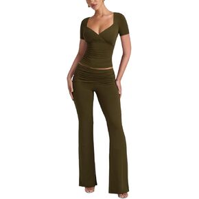 Lrady Womens 2 Piece Outfits Lounge Sets Lightweight Short Sleeve Crop Tops Fold Over Flare Pants Tracksuits in Saudi Arabia