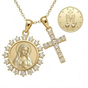 14K Gold Plated Virgin Mary Necklace for Women, S925 Sterling Silver Miraculous Medal Necklace for Mom, Cross Pendant, Baptism Jewelry Gift for Her in Saudi Arabia