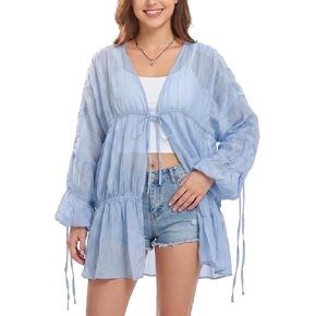 Womens Swimsuit Coverup Flowy Ruched Bell Sleeve Beach Cover Up Tops Summer Casual Long Chiffon Front Tie Cardigan in Saudi Arabia