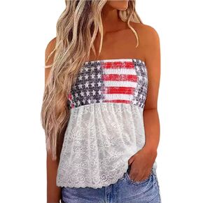 Womens American Flag Smocked Strapless Bandeau Tank Top Casual Strapless Tube Tops 4th of July Tank in Saudi Arabia