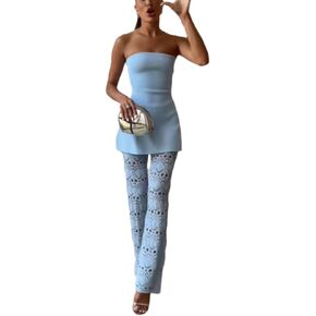 Wuitrie Knit 2 Piece Sets for Women Off Shoulder Tube Top Floral Hollow Out Straight Leg Pants Women's Travel Outfits in Saudi Arabia