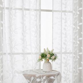 Aiyufeng Sheer Curtains 84 Inches Long for Bedroom, Jacquard Texture Leaf Pattern Light Filtering Semi Drapes, Airy Lightweight Window Treatments for Living Room, 2pcs, White, 42" W x 84" L in Saudi Arabia