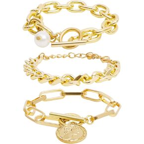 Gold Chunky Chain Bracelet for Women Charm Boho Bracelet for Women Flat Cable Chunky Chain Bangle Set of 4 in Saudi Arabia