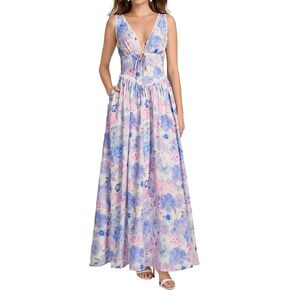 Parthea Women Floral Corset Maxi Dress V Neck Lace Trim Flowy A Line Sundresses Tea Party Formal Wedding Guest Long Dress in Kuwait