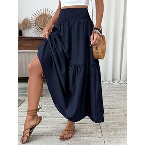 Women's Smocked High Waist Maxi Skirt Casual Boho A-line Long Skirts with Pockets in Kuwait
