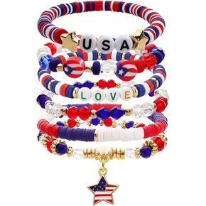 Patriotic USA Bracelets for Women Men Teens Red White Blue Clay Beaded Stackable Stretch Bracelets 4th of July Accessories Independence Day Patriotic Jewelry for Holiday Celebrations in Saudi Arabia