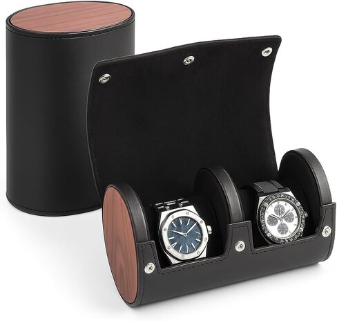 Bey-Berk Personalized Radford Black Leather Two-Watch Travel Case, Custom Monogram Cylinder Watch Roll with Wood Side Panels and Snap Closure in Kuwait