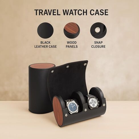 Bey-Berk Personalized Radford Black Leather Two-Watch Travel Case, Custom Monogram Cylinder Watch Roll with Wood Side Panels and Snap Closure in Kuwait