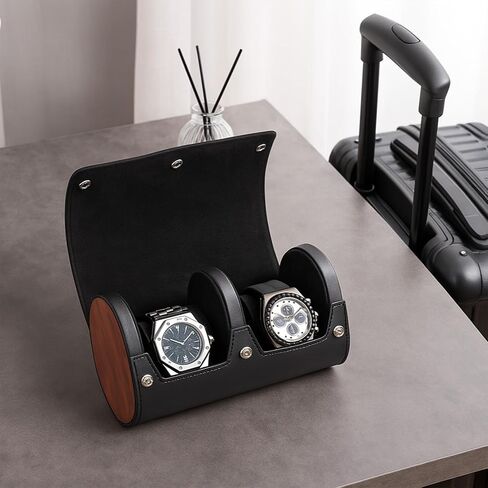 Bey-Berk Personalized Radford Black Leather Two-Watch Travel Case, Custom Monogram Cylinder Watch Roll with Wood Side Panels and Snap Closure in Kuwait