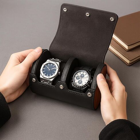 Bey-Berk Personalized Radford Black Leather Two-Watch Travel Case, Custom Monogram Cylinder Watch Roll with Wood Side Panels and Snap Closure in Kuwait