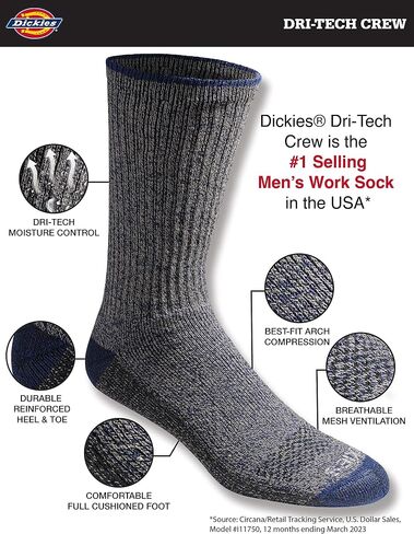Dickies Men's Dri-tech Original Moisture Control Crew Socks, Available in M-xxl (6, 12, 18 Pairs) in Kuwait