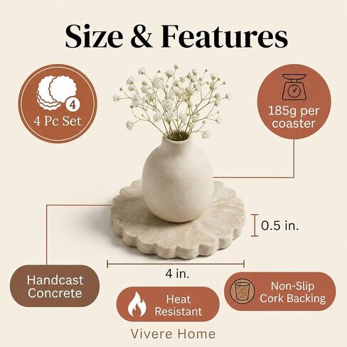Concrete Stone Coasters Set of 4, Coffee Table Decor, Cute Coasters for Drinks, Non-Slip Cork Backing, Housewarming Gift, Wedding, Protects Tables from Stains & Scratches in Kuwait