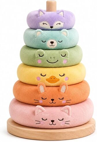 juju Rainbow Ring Stacker Soft Velour Nursery Decor – 6 Graduated Cushioned Rings with Embroidered Animal Faces – Natural Wood Post and Round Base – Pastel Fox Bear Frog Duck Bunny and Kitten in Saudi Arabia