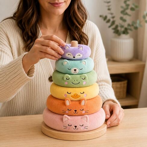 juju Rainbow Ring Stacker Soft Velour Nursery Decor – 6 Graduated Cushioned Rings with Embroidered Animal Faces – Natural Wood Post and Round Base – Pastel Fox Bear Frog Duck Bunny and Kitten in Saudi Arabia