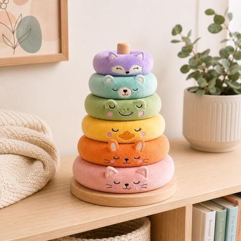 juju Rainbow Ring Stacker Soft Velour Nursery Decor – 6 Graduated Cushioned Rings with Embroidered Animal Faces – Natural Wood Post and Round Base – Pastel Fox Bear Frog Duck Bunny and Kitten in Saudi Arabia