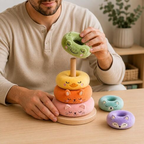 juju Rainbow Ring Stacker Soft Velour Nursery Decor – 6 Graduated Cushioned Rings with Embroidered Animal Faces – Natural Wood Post and Round Base – Pastel Fox Bear Frog Duck Bunny and Kitten in Saudi Arabia