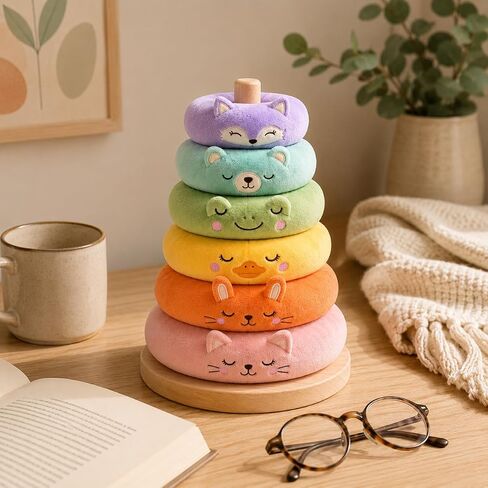 juju Rainbow Ring Stacker Soft Velour Nursery Decor – 6 Graduated Cushioned Rings with Embroidered Animal Faces – Natural Wood Post and Round Base – Pastel Fox Bear Frog Duck Bunny and Kitten in Saudi Arabia