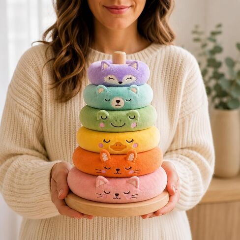 juju Rainbow Ring Stacker Soft Velour Nursery Decor – 6 Graduated Cushioned Rings with Embroidered Animal Faces – Natural Wood Post and Round Base – Pastel Fox Bear Frog Duck Bunny and Kitten in Saudi Arabia