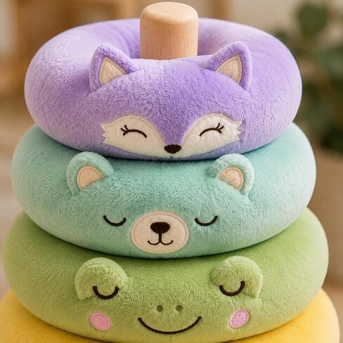 juju Rainbow Ring Stacker Soft Velour Nursery Decor – 6 Graduated Cushioned Rings with Embroidered Animal Faces – Natural Wood Post and Round Base – Pastel Fox Bear Frog Duck Bunny and Kitten in Saudi Arabia