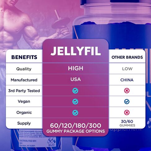 Jellyfil Gummies، علكات Jellyfil الرسمية مع جميع المكونات الطبيعية، تركيبة متقدمة مكملة للقوة القصوى مع دعم نمط الحياة الطبيعي النشط الذي يتميز بفيتامينات متعددة ممتازة (60 علكة) in Kuwait