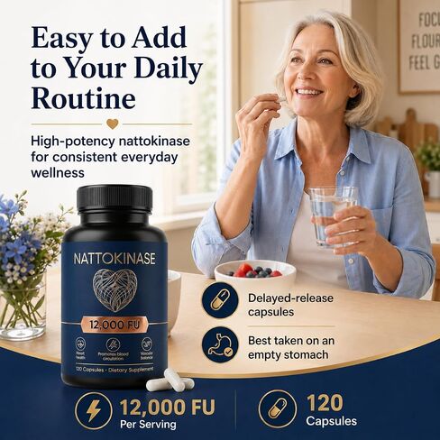 Nattokinase 12000 FU Per Serving, Nattokinase Supplement Organic, Supports Circulation & Heart Wellness, Vegan, Gluten Free, 120 Capsules in Saudi Arabia