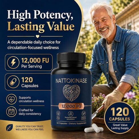 Nattokinase 12000 FU Per Serving, Nattokinase Supplement Organic, Supports Circulation & Heart Wellness, Vegan, Gluten Free, 120 Capsules in Saudi Arabia