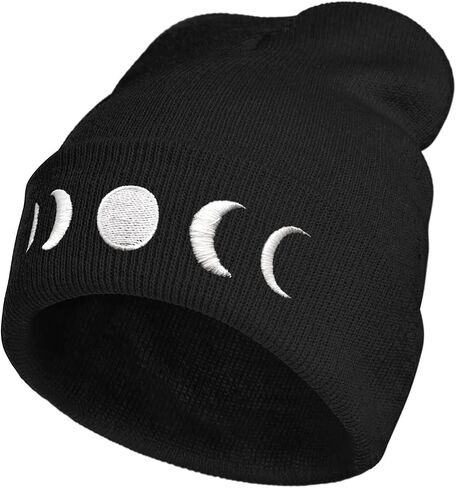 Gothic Goth Crescent Moon Embroidery Beanie Hat for Men Women Winter Warm Stretch Skull Knit Hats Cap Black in Saudi Arabia