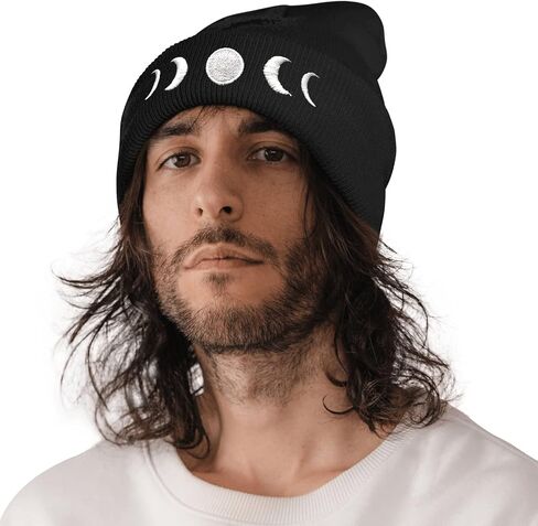 Gothic Goth Crescent Moon Embroidery Beanie Hat for Men Women Winter Warm Stretch Skull Knit Hats Cap Black in Saudi Arabia