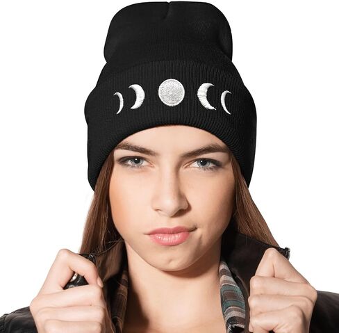 Gothic Goth Crescent Moon Embroidery Beanie Hat for Men Women Winter Warm Stretch Skull Knit Hats Cap Black in Saudi Arabia