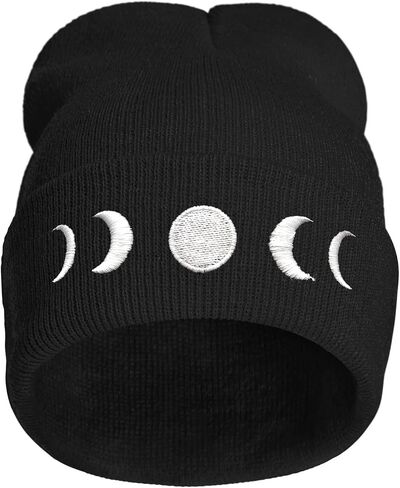 Gothic Goth Crescent Moon Embroidery Beanie Hat for Men Women Winter Warm Stretch Skull Knit Hats Cap Black in Saudi Arabia