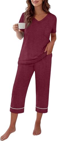 Capri Pajamas for Women Set Summer Cotton Pajamas Casual Soft Crop Pants and Top Matching Suits in Saudi Arabia