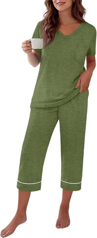 Capri Pajamas for Women Set Summer Cotton Pajamas Casual Soft Crop Pants and Top Matching Suits in Saudi Arabia