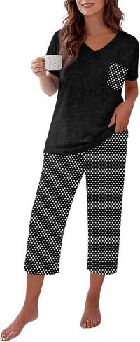 Capri Pajamas for Women Set Summer Cotton Pajamas Casual Soft Crop Pants and Top Matching Suits in Saudi Arabia