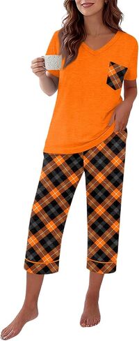 Capri Pajamas for Women Set Summer Cotton Pajamas Casual Soft Crop Pants and Top Matching Suits in Saudi Arabia