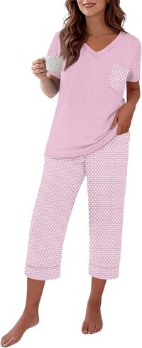 Capri Pajamas for Women Set Summer Cotton Pajamas Casual Soft Crop Pants and Top Matching Suits in Saudi Arabia