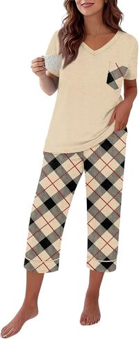 Capri Pajamas for Women Set Summer Cotton Pajamas Casual Soft Crop Pants and Top Matching Suits in Saudi Arabia