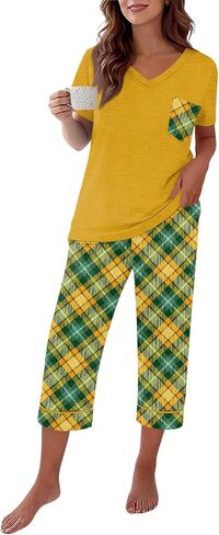 Capri Pajamas for Women Set Summer Cotton Pajamas Casual Soft Crop Pants and Top Matching Suits in Saudi Arabia