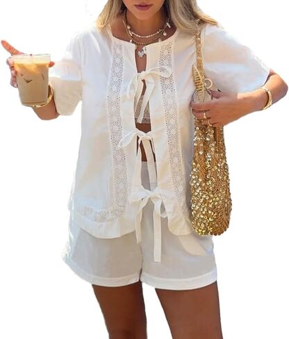 Women Summer 2 Piece Sets Short Short Sleeve Tie Front Tops and Shorts Cotton Pajamas Lounge Set in Saudi Arabia