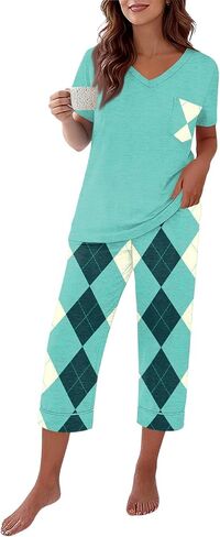 Capri Pajamas for Women Set Summer Cotton Pajamas Casual Soft Crop Pants and Top Matching Suits in Saudi Arabia