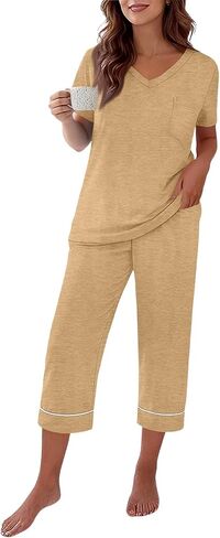 Capri Pajamas for Women Set Summer Cotton Pajamas Casual Soft Crop Pants and Top Matching Suits in Saudi Arabia