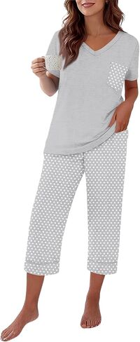 Capri Pajamas for Women Set Summer Cotton Pajamas Casual Soft Crop Pants and Top Matching Suits in Saudi Arabia