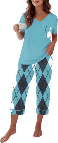 Capri Pajamas for Women Set Summer Cotton Pajamas Casual Soft Crop Pants and Top Matching Suits in Saudi Arabia