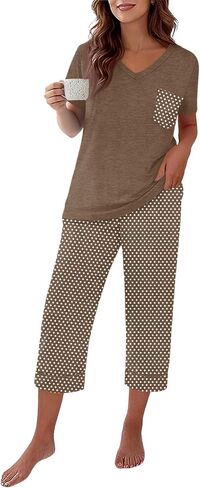 Capri Pajamas for Women Set Summer Cotton Pajamas Casual Soft Crop Pants and Top Matching Suits in Saudi Arabia