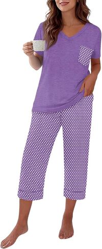 Capri Pajamas for Women Set Summer Cotton Pajamas Casual Soft Crop Pants and Top Matching Suits in Saudi Arabia