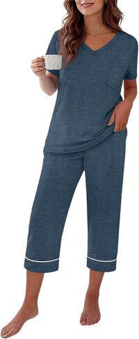 Capri Pajamas for Women Set Summer Cotton Pajamas Casual Soft Crop Pants and Top Matching Suits in Saudi Arabia